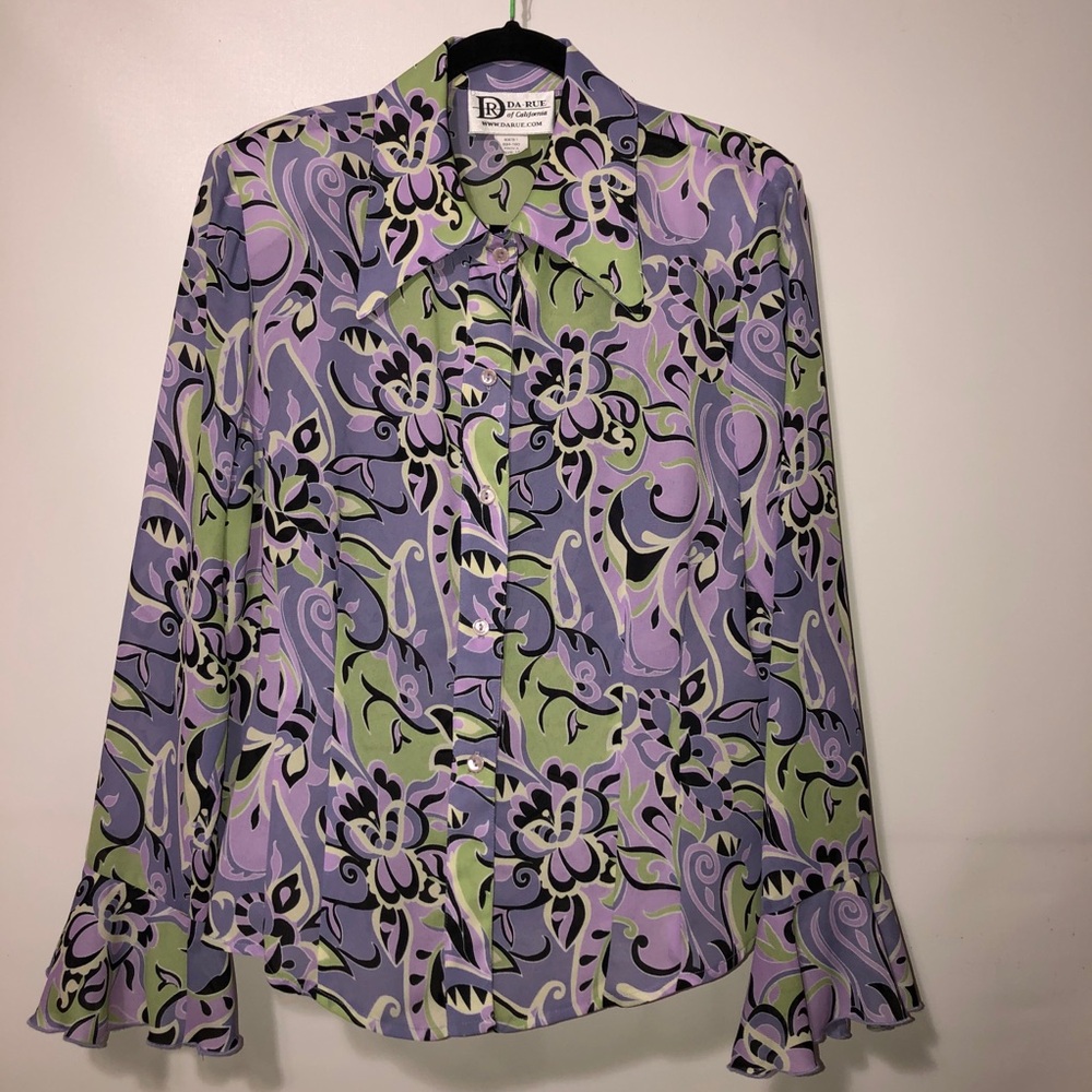 VINTAGE DA RUE Womans sz 14 Elegant Purple and Green Patterned Button Down Shirt